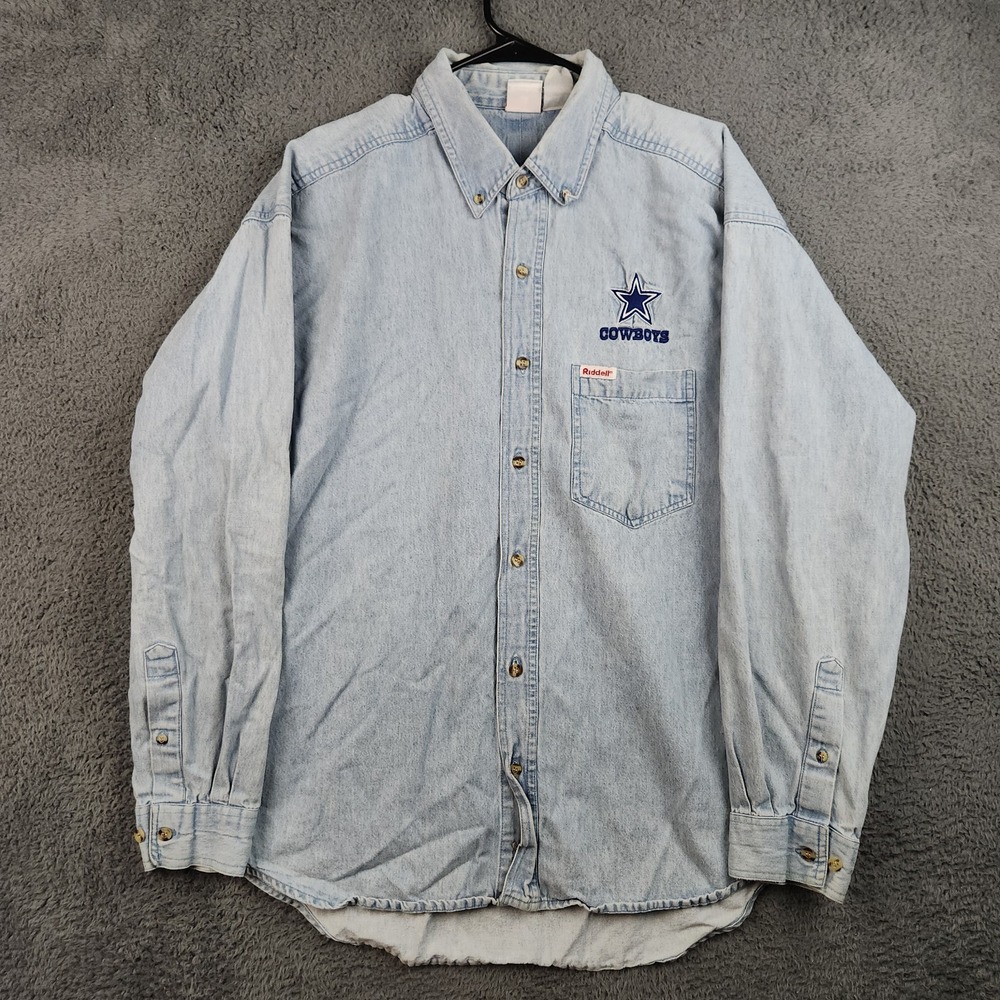 Vintage Dallas Cowboys Denim Chambray Button Shirt Mens Large 90s NFL Riddell